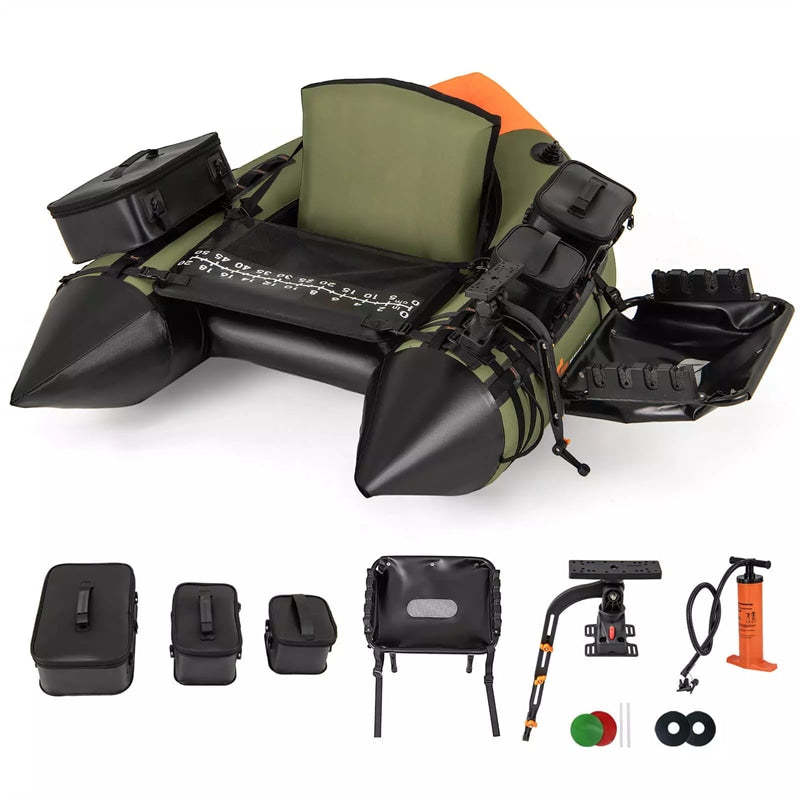 Inflatable Float Tube, Fishing Belly Boat with Fish Finder Holder, Rod Rack, Fish Ruler, Pump, 3 Detachable Storage Boxes, 350LBS Load Capacity