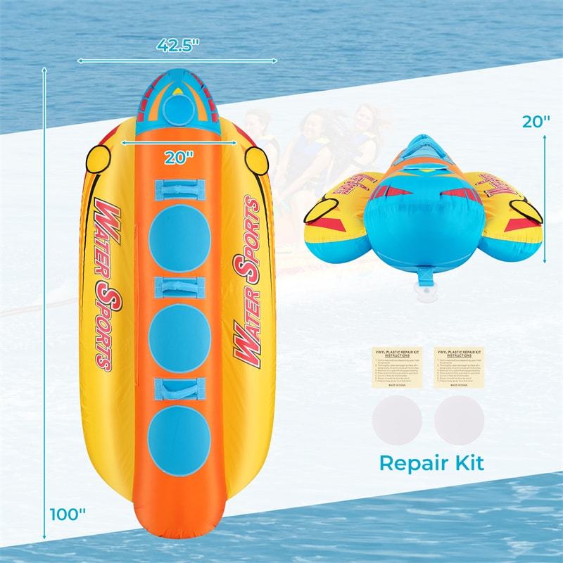 Inflatable 3-Person Towable Tube for Boating, Hot Dog Towable Tube Water Sports Banana Boat Ride with 3 EVA-Padded Seats for Towing Rider