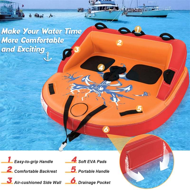 Inflatable Towable Tube for Boating, 1-2 Person Water Sports Towable Sofa Style Pull Boat Tube with Drainage & Dual Tow Points