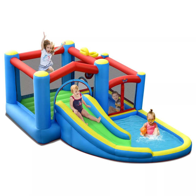Inflatable Water Slide Mighty Bounce House Jumper Water Park with Slide, Splash Pool, Target Balls & 480W Blower for Kids Indoor Outdoor Party Fun