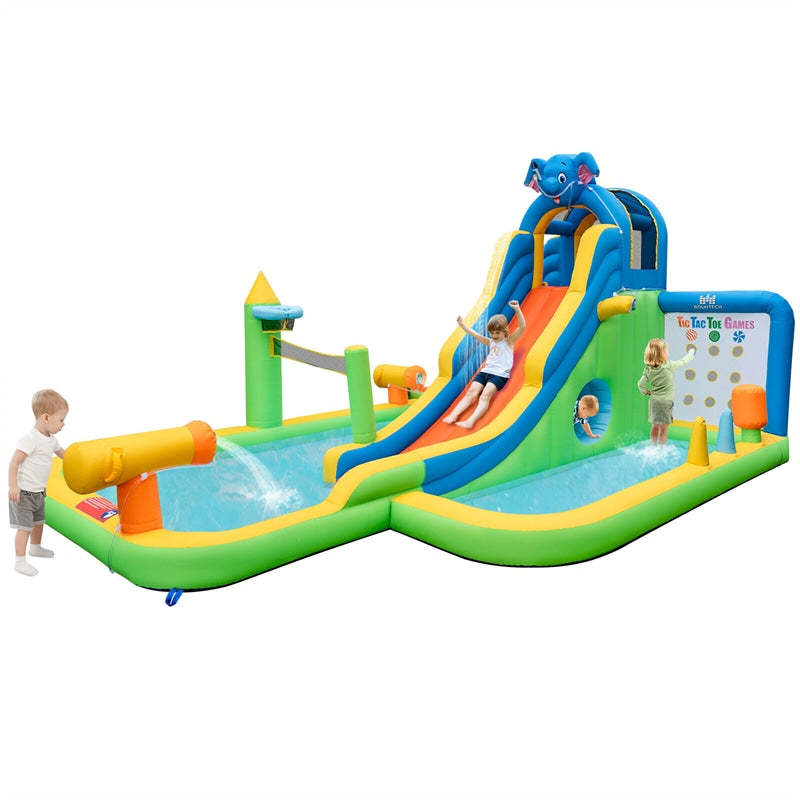 Inflatable Water Slide Elephant Theme 9 in 1 Mega Kids Blow Up Waterslide Park with Splash Pool, Tic Tac Toe, Climbing Wall for Backyard Family Fun