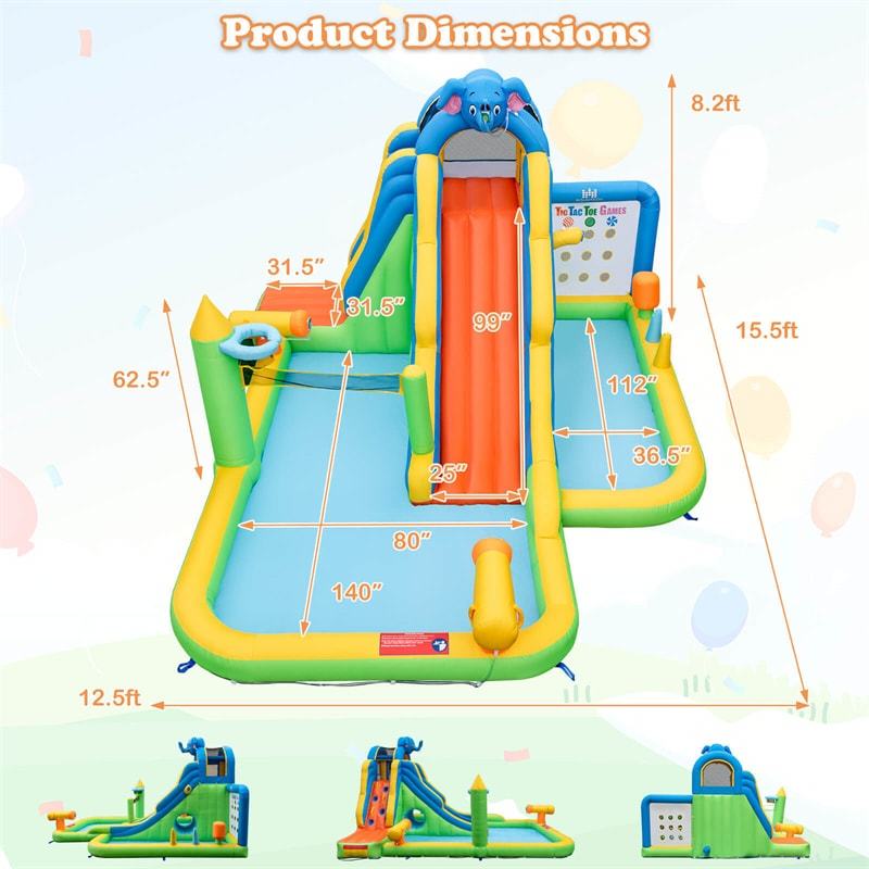 Inflatable Water Slide Elephant Theme 9 in 1 Mega Kids Blow Up Waterslide Park with Splash Pool, Tic Tac Toe, Climbing Wall for Backyard Family Fun