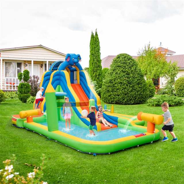 Inflatable Water Slide Elephant Theme 9 in 1 Mega Kids Blow Up Waterslide Park with Splash Pool, Tic Tac Toe, Climbing Wall for Backyard Family Fun