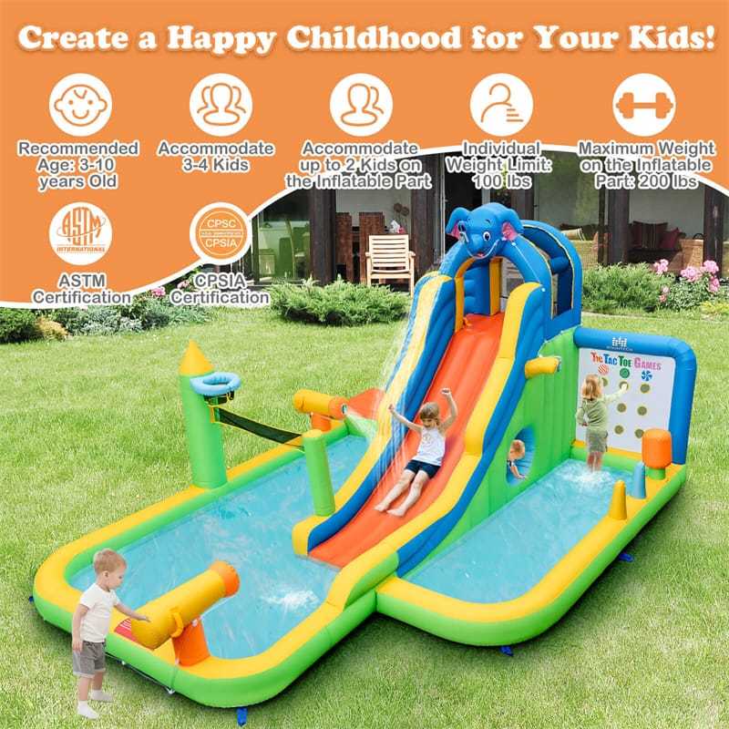 Inflatable Water Slide Elephant Theme 9 in 1 Mega Kids Blow Up Waterslide Park with Splash Pool, Tic Tac Toe, Climbing Wall for Backyard Family Fun