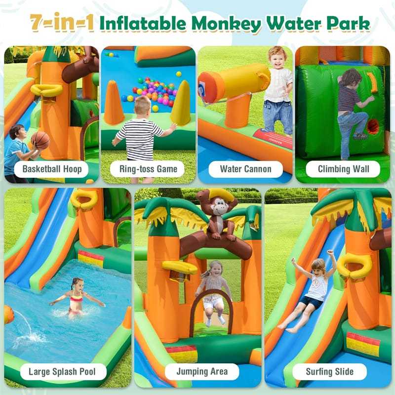 Inflatable Water Slide, 7-in-1 Jungle Monkey Theme Bounce House Water Park with 680W Blower, Long Slide & Splash Pool for Big Kids Backyard Party Fun