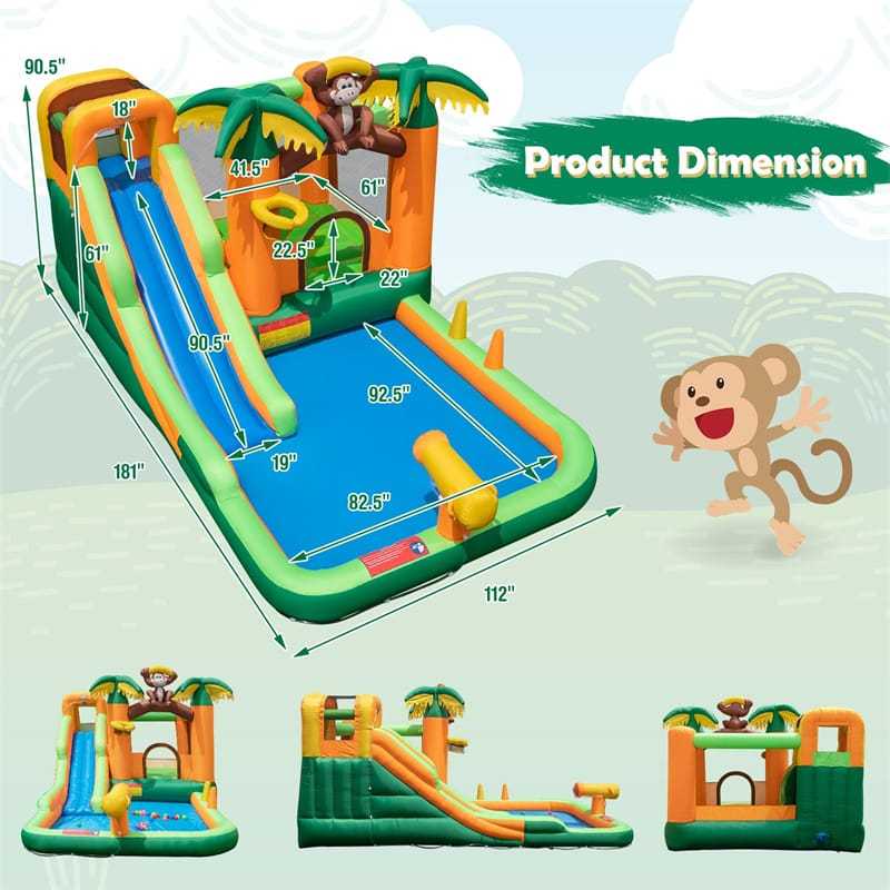 Inflatable Water Slide, 7-in-1 Jungle Monkey Theme Bounce House Water Park with 680W Blower, Long Slide & Splash Pool for Big Kids Backyard Party Fun