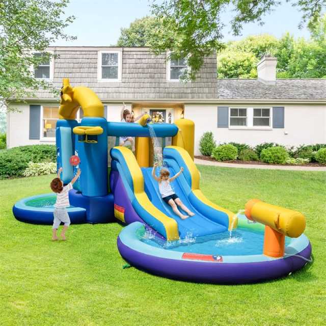 Inflatable Water Slide Ocean Theme Bounce House Water Park with Surfing Slide, 2 Splash Pools, 735W Blower, Water Cannon for Kids Indoor Outdoor Party