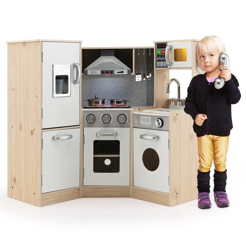 Kids Walk-in Kitchen Playset 9-in-1 Wooden Little Chef Pretend Play Kitchen Toy Set for Toddlers with Lights Sounds & Water Dispenser