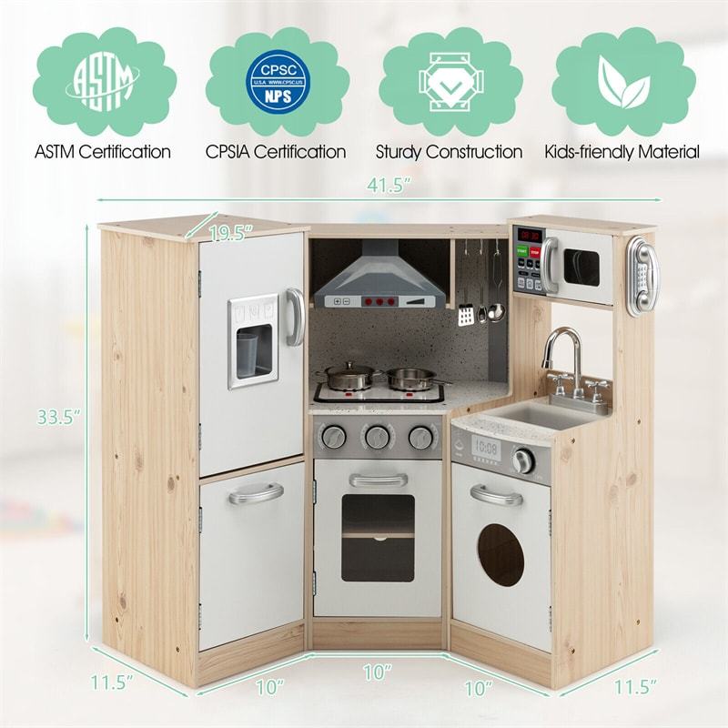 Kids Walk-in Kitchen Playset 9-in-1 Wooden Little Chef Pretend Play Kitchen Toy Set for Toddlers with Lights Sounds & Water Dispenser