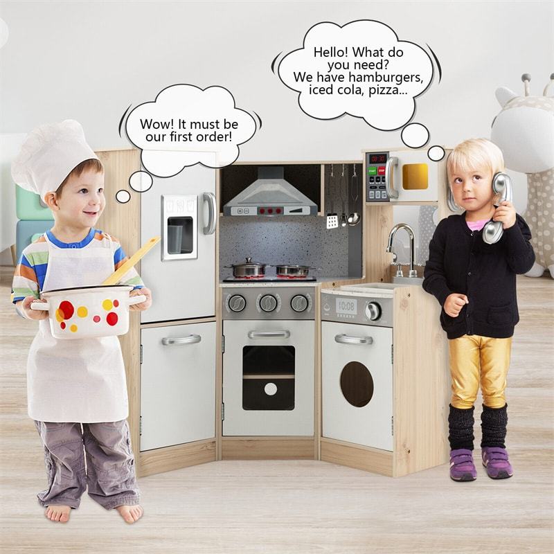 Kids Walk-in Kitchen Playset 9-in-1 Wooden Little Chef Pretend Play Kitchen Toy Set for Toddlers with Lights Sounds & Water Dispenser
