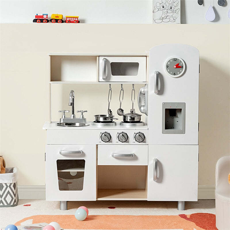 Kids Kitchen Playset Wooden Pretend Play Kitchen Little Chef Toy Kitchen Set with Cookware Utensils Water Dispenser & Storage Cabinet