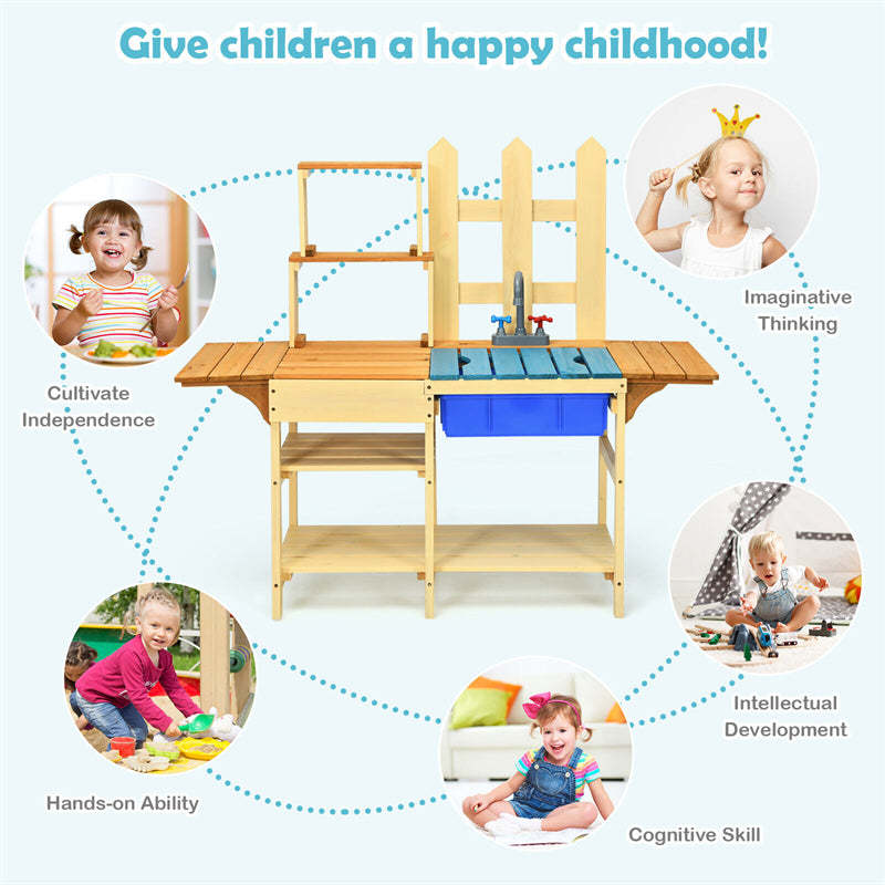 Kids Mud Kitchen Playset Wooden Pretend Play Kitchen with Removable Sink & Simulated Faucet, Play Kitchen Toy Set for Girls & Boys Age 3+