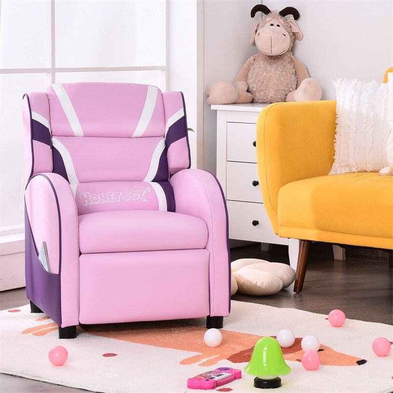 Kids Recliner Chair, Adjustable Gaming Recliner with Footrest, Headrest, Lumbar Support & Side Pockets, Ergonomic Leather Sofa for Boys Girls