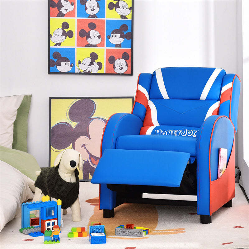 Kids Recliner Chair, Adjustable Gaming Recliner with Footrest, Headrest, Lumbar Support & Side Pockets, Ergonomic Leather Sofa for Boys Girls
