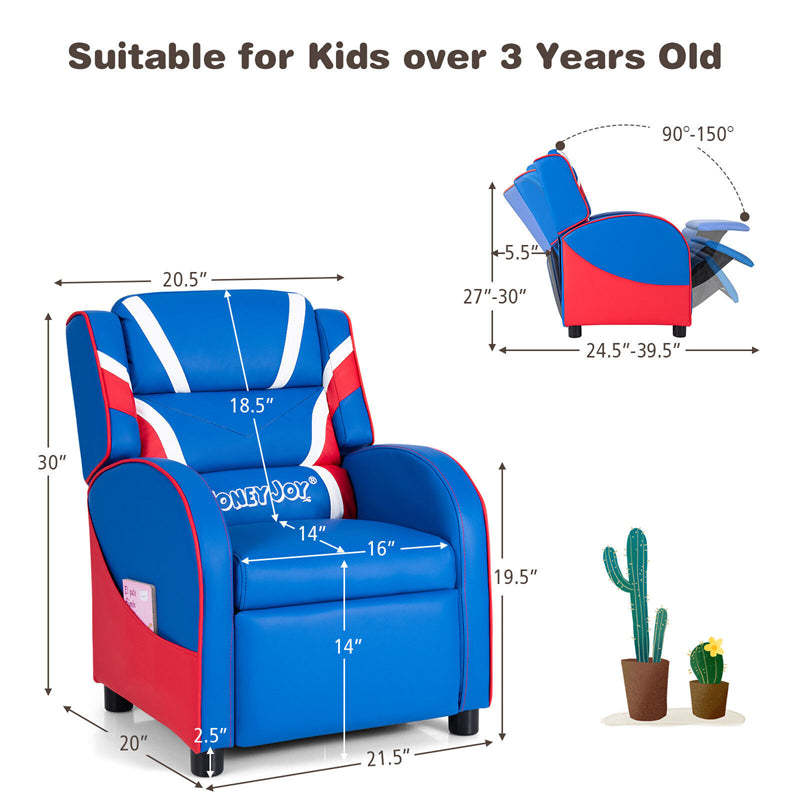 Kids Recliner Chair, Adjustable Gaming Recliner with Footrest, Headrest, Lumbar Support & Side Pockets, Ergonomic Leather Sofa for Boys Girls