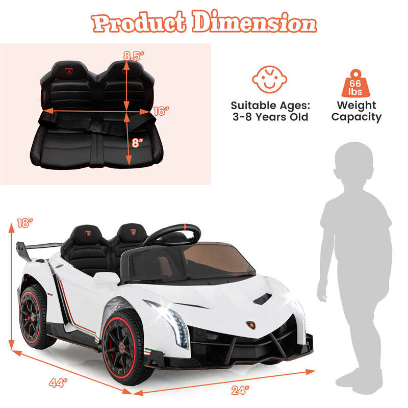 12V Kids Ride-On Car, Licensed Lamborghini 4WD Sports Car with Remote, LED Lights, Hydraulic Doors, Battery-Powered Electric Vehicle, Ages 3-8