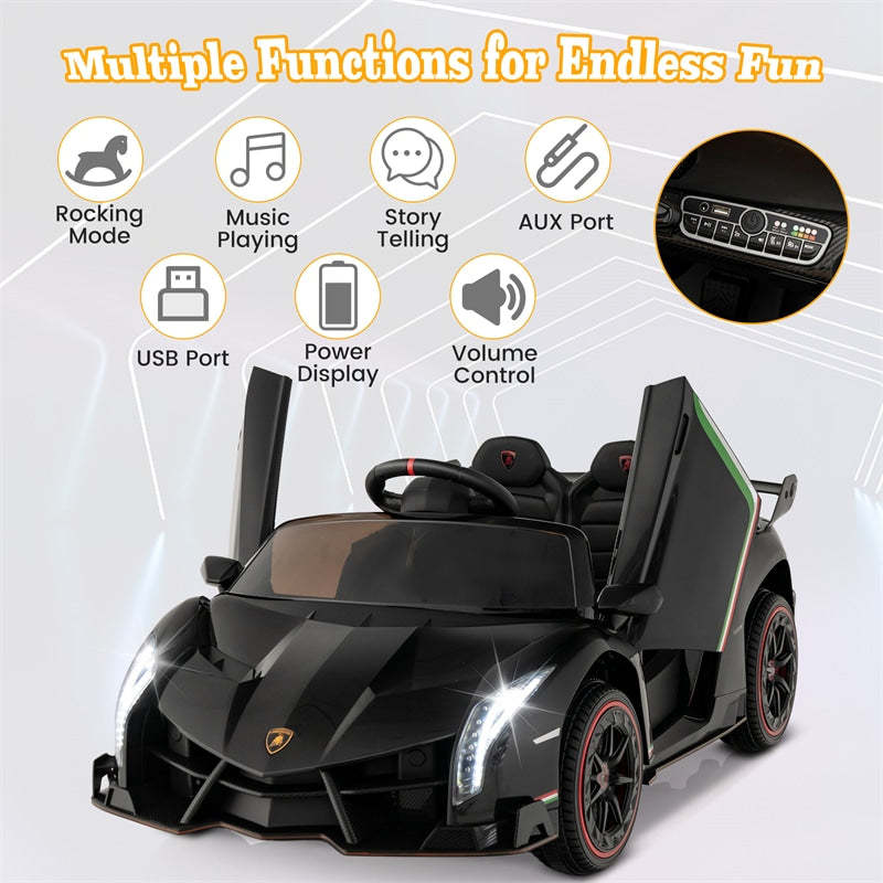 12V Kids Ride-On Car, Licensed Lamborghini 4WD Sports Car with Remote, LED Lights, Hydraulic Doors, Battery-Powered Electric Vehicle, Ages 3-8