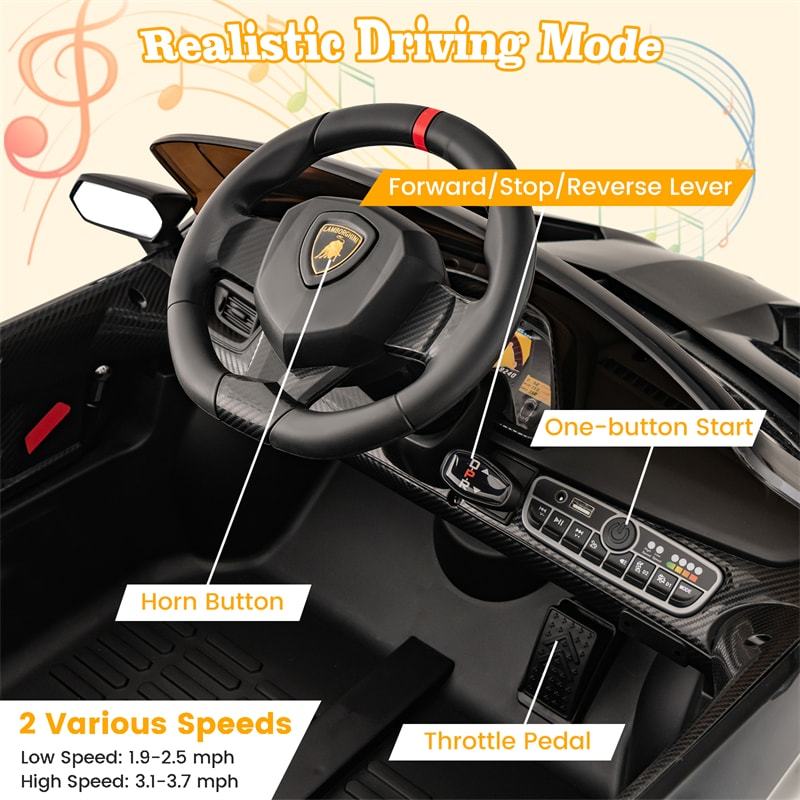 12V Kids Ride-On Car, Licensed Lamborghini 4WD Sports Car with Remote, LED Lights, Hydraulic Doors, Battery-Powered Electric Vehicle, Ages 3-8