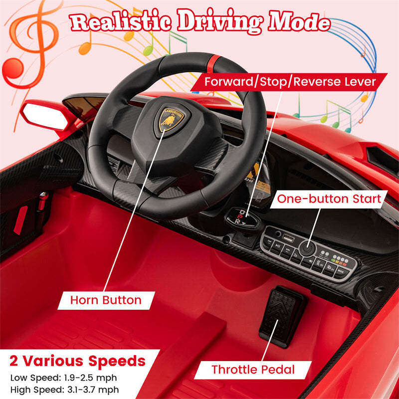 12V Kids Ride-On Car, Licensed Lamborghini 4WD Sports Car with Remote, LED Lights, Hydraulic Doors, Battery-Powered Electric Vehicle, Ages 3-8