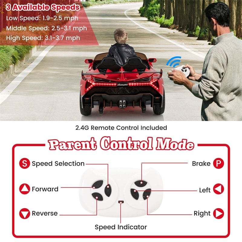 12V Kids Ride-On Car, Licensed Lamborghini 4WD Sports Car with Remote, LED Lights, Hydraulic Doors, Battery-Powered Electric Vehicle, Ages 3-8