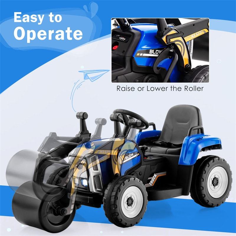 Kids Ride On Road Roller Car 12V Battery Electric Tractor with Remote Control & Adjustable Drum Roller, Ride On Construction Vehicle for Kids