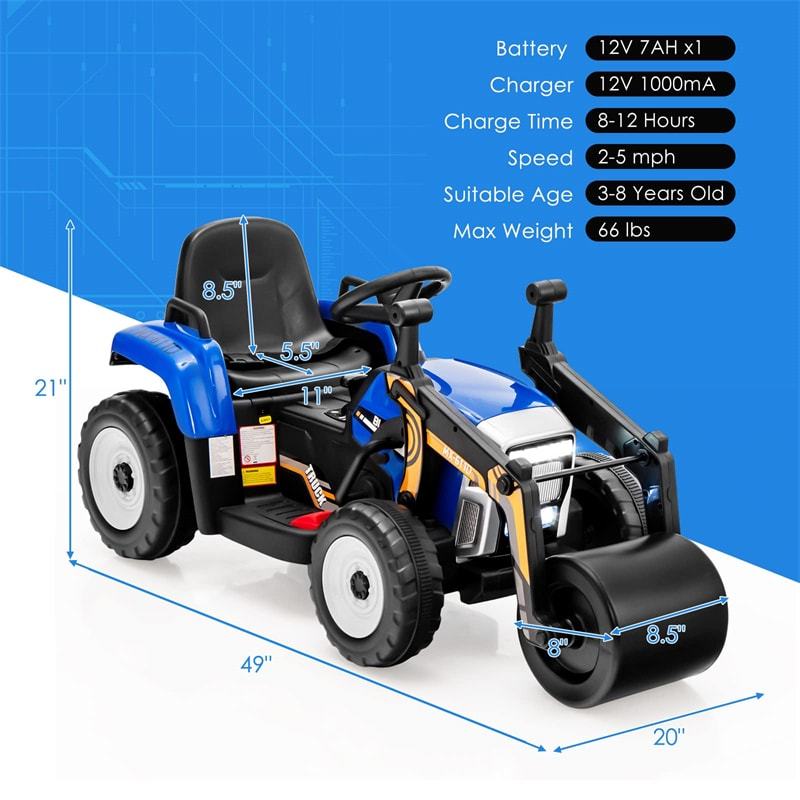 Kids Ride On Road Roller Car 12V Battery Electric Tractor with Remote Control & Adjustable Drum Roller, Ride On Construction Vehicle for Kids