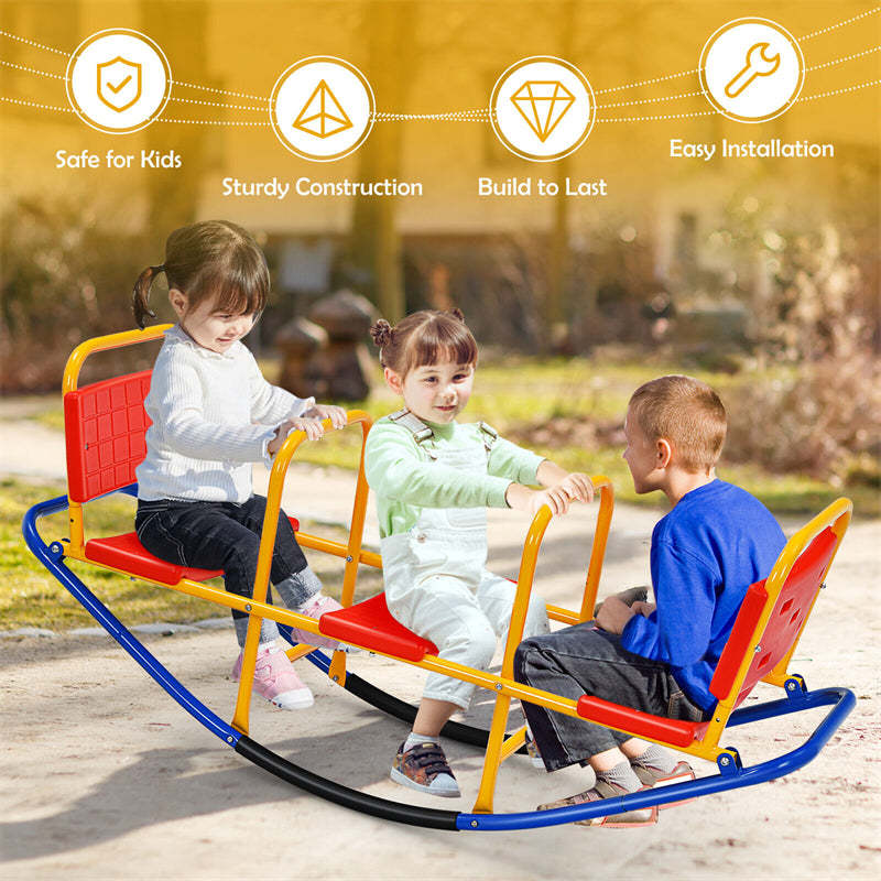 Kids Rocking Seesaw, 3 Person Heavy-Duty Metal Teeter Totter Seesaw with Easy-Grip Handles, Indoor/Outdoor Rocking Toy for Toddlers Ages 3-8