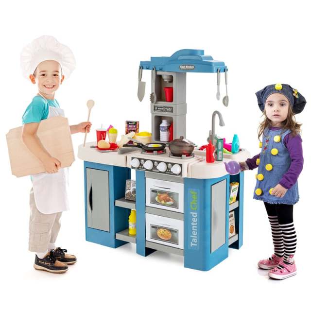 Kids Toy Kitchen Set Toddler Plastic Pretend Play Kitchen Set with 67pcs Kitchen Toys & Realistic Lights Sounds