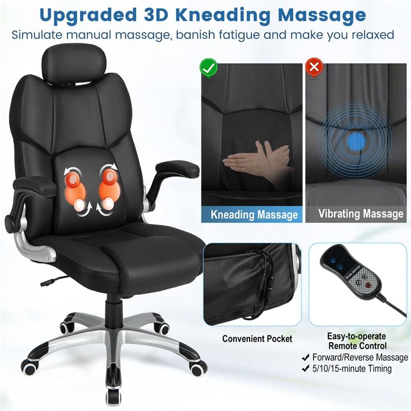Kneading Massage Executive Office Chair, Faux Leather Swivel Desk Chair with Adjustable Headrest, Lumbar Support, Flip-up Armrests & Remote Control