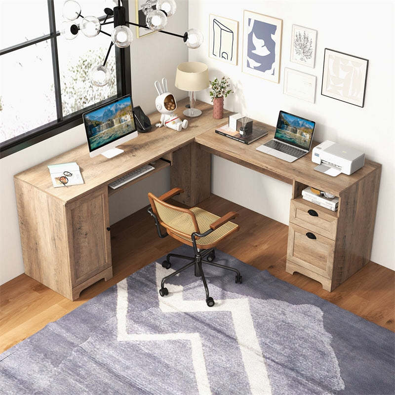 66" L-Shaped Office Desk, Modern Executive Corner Computer Desk with Power Outlets, Storage, Adjustable Shelf, Keyboard Tray for Working Writing