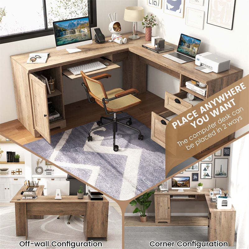 66" L-Shaped Office Desk, Modern Executive Corner Computer Desk with Power Outlets, Storage, Adjustable Shelf, Keyboard Tray for Working Writing
