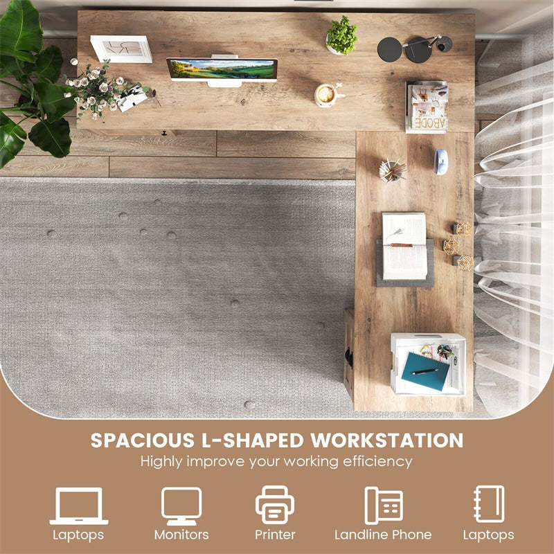 66" L-Shaped Office Desk, Modern Executive Corner Computer Desk with Power Outlets, Storage, Adjustable Shelf, Keyboard Tray for Working Writing