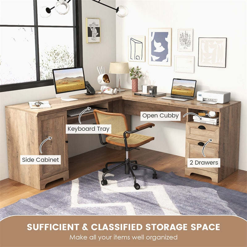 66" L-Shaped Office Desk, Modern Executive Corner Computer Desk with Power Outlets, Storage, Adjustable Shelf, Keyboard Tray for Working Writing