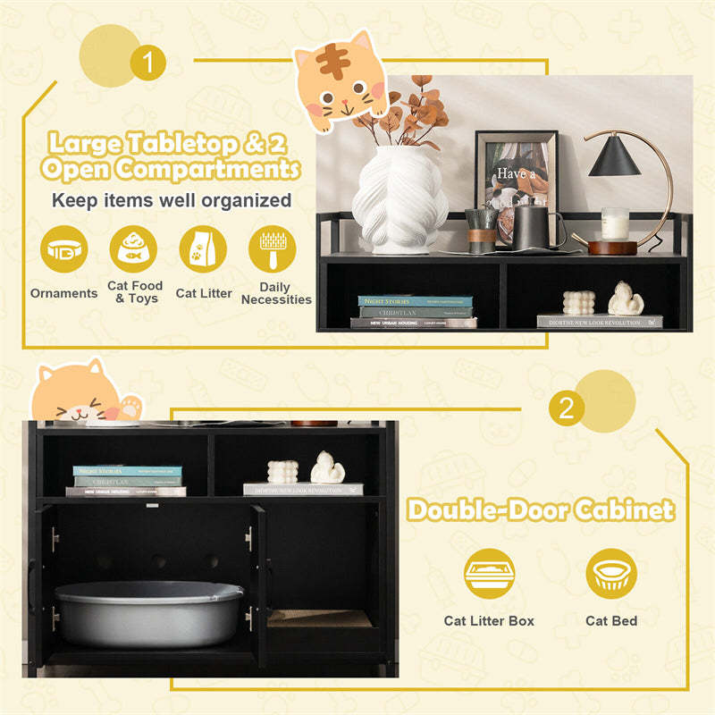 Large Cat Litter Box Enclosure 2-Door Wood Hidden Cat Washroom Furniture with Winding Entry, Scratcher & 2 Compartments