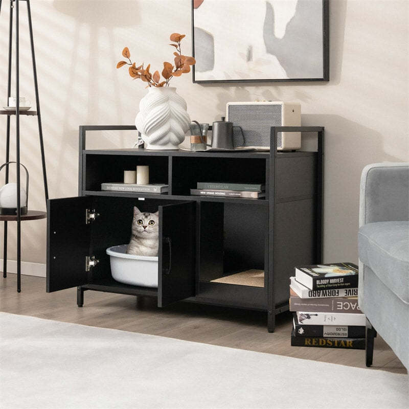 Large Cat Litter Box Enclosure 2-Door Wood Hidden Cat Washroom Furniture with Winding Entry, Scratcher & 2 Compartments