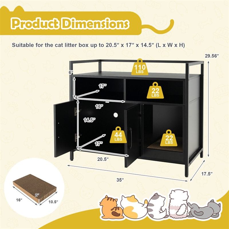 Large Cat Litter Box Enclosure 2-Door Wood Hidden Cat Washroom Furniture with Winding Entry, Scratcher & 2 Compartments