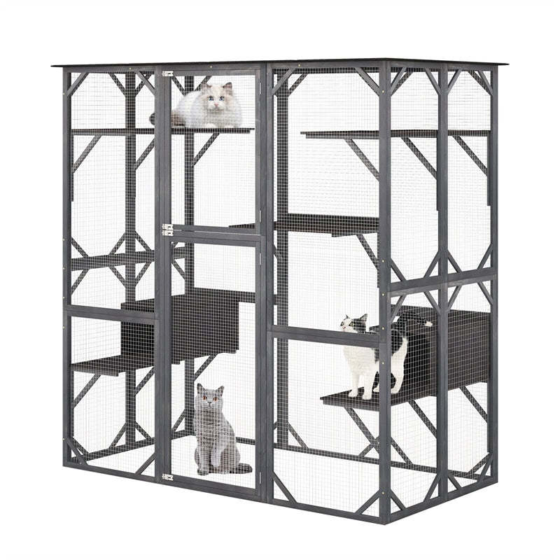 71" Tall Catio Outdoor Cat Enclosure Large Wooden Cat House Walk-in Cat Condo Cat Cage Kitten Playpen with Weatherproof Asphalt Roof