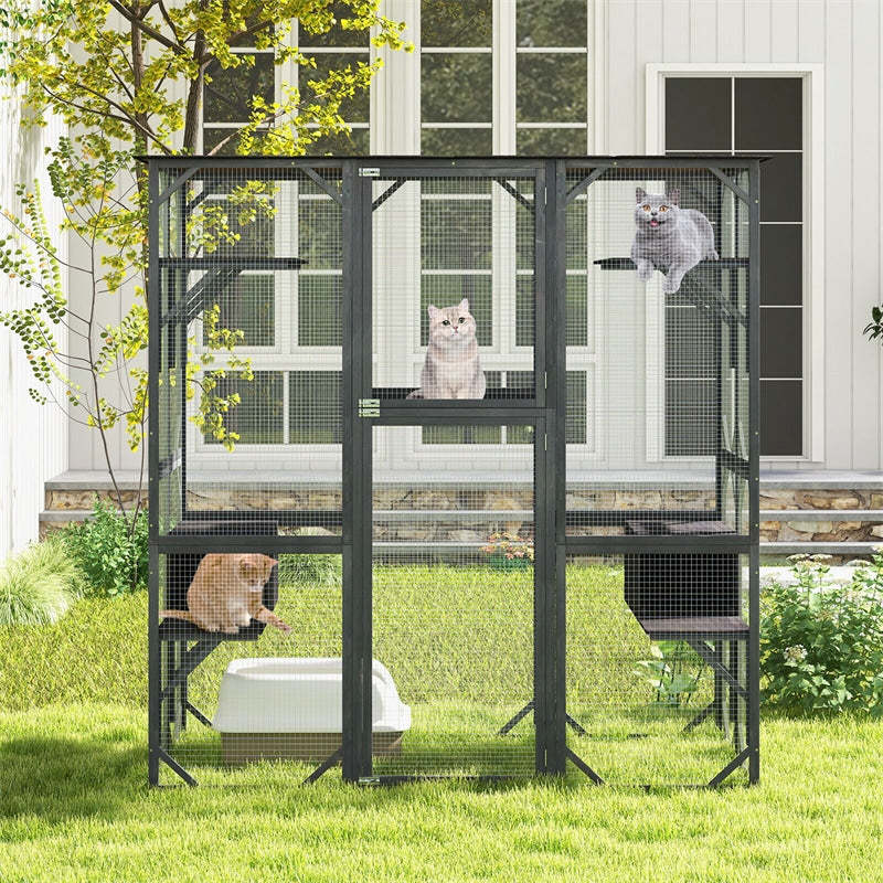 71" Tall Catio Outdoor Cat Enclosure Large Wooden Cat House Walk-in Cat Condo Cat Cage Kitten Playpen with Weatherproof Asphalt Roof