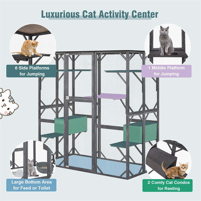 71" Tall Catio Outdoor Cat Enclosure Large Wooden Cat House Walk-in Cat Condo Cat Cage Kitten Playpen with Weatherproof Asphalt Roof
