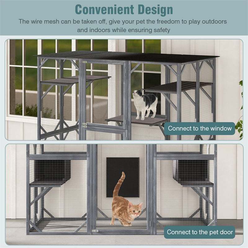 71" Tall Catio Outdoor Cat Enclosure Large Wooden Cat House Walk-in Cat Condo Cat Cage Kitten Playpen with Weatherproof Asphalt Roof