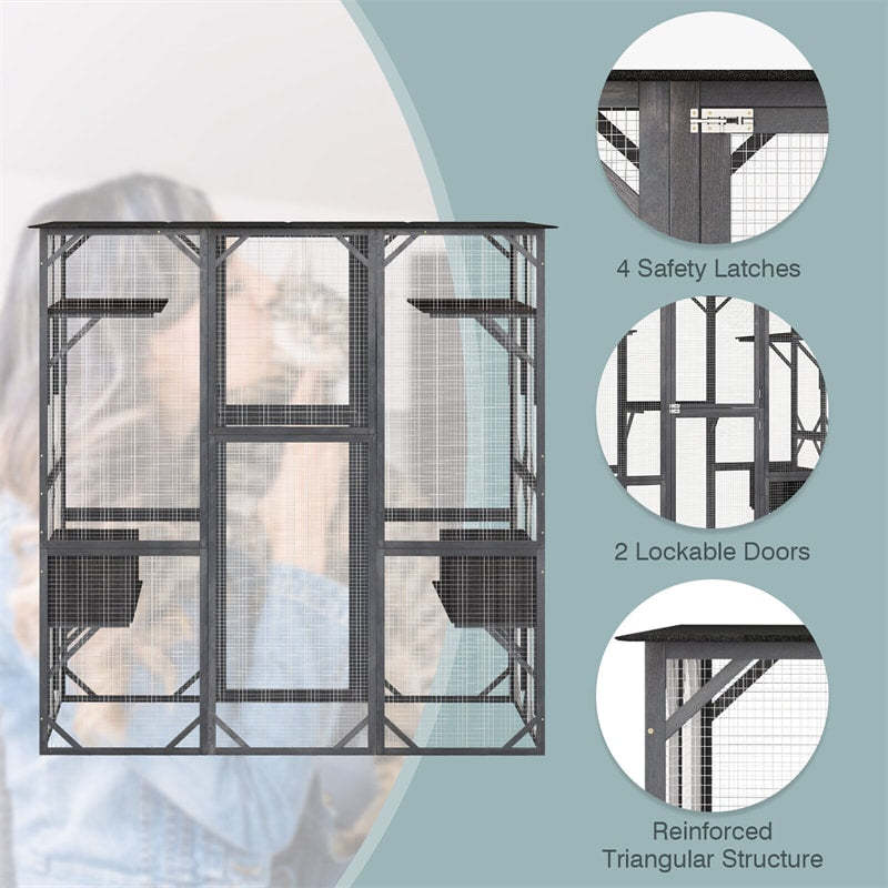 71" Tall Catio Outdoor Cat Enclosure Large Wooden Cat House Walk-in Cat Condo Cat Cage Kitten Playpen with Weatherproof Asphalt Roof