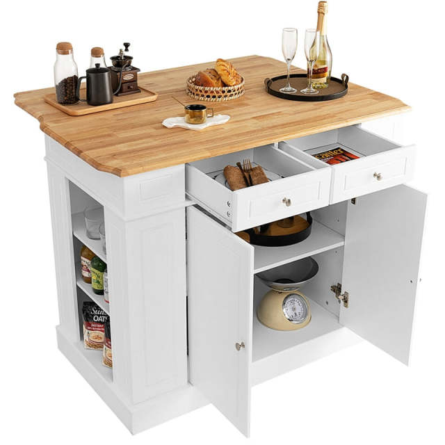 47" Kitchen Island with Drop Leaf, Rubber Wood Top, 2 Drawers, Adjustable Shelves & Spice Racks, Coffee Bar Table for Dining Room Storage