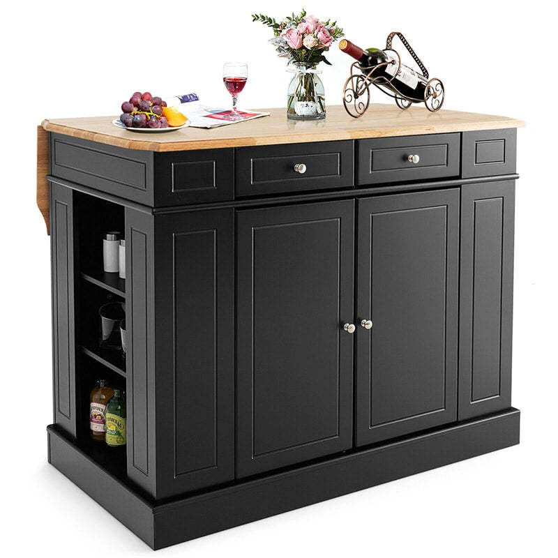 47" Kitchen Island with Drop Leaf, Rubber Wood Top, 2 Drawers, Adjustable Shelves & Spice Racks, Coffee Bar Table for Dining Room Storage