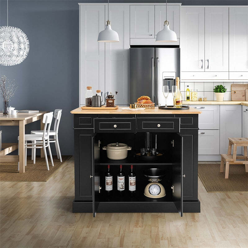 47" Kitchen Island with Drop Leaf, Rubber Wood Top, 2 Drawers, Adjustable Shelves & Spice Racks, Coffee Bar Table for Dining Room Storage