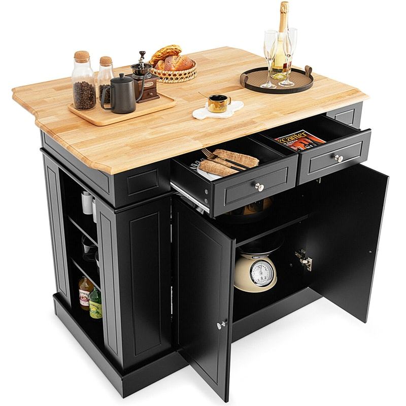 47" Kitchen Island with Drop Leaf, Rubber Wood Top, 2 Drawers, Adjustable Shelves & Spice Racks, Coffee Bar Table for Dining Room Storage