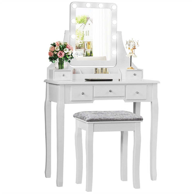 Makeup Vanity Set With Lighted Mirror & Cushioned Stool, Bedroom Dressing Table with 10 Dimming Light Bulbs & 5 Storage Drawers