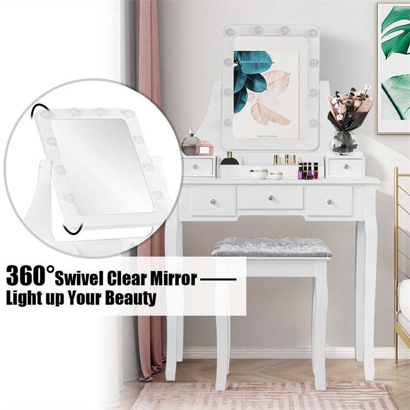 Makeup Vanity Set With Lighted Mirror & Cushioned Stool, Bedroom Dressing Table with 10 Dimming Light Bulbs & 5 Storage Drawers