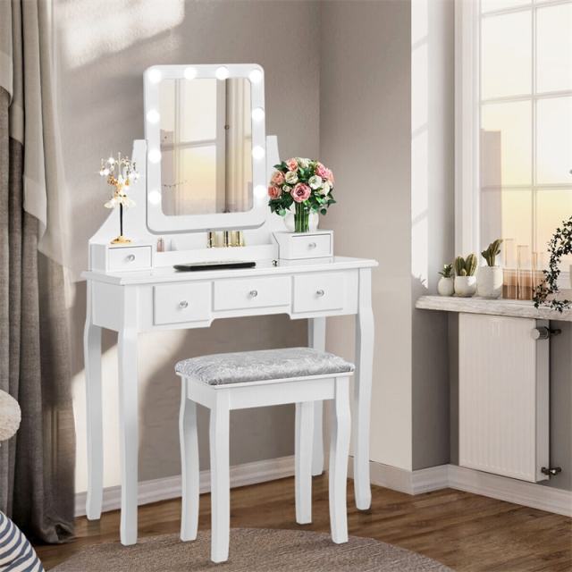 Makeup Vanity Set With Lighted Mirror & Cushioned Stool, Bedroom Dressing Table with 10 Dimming Light Bulbs & 5 Storage Drawers