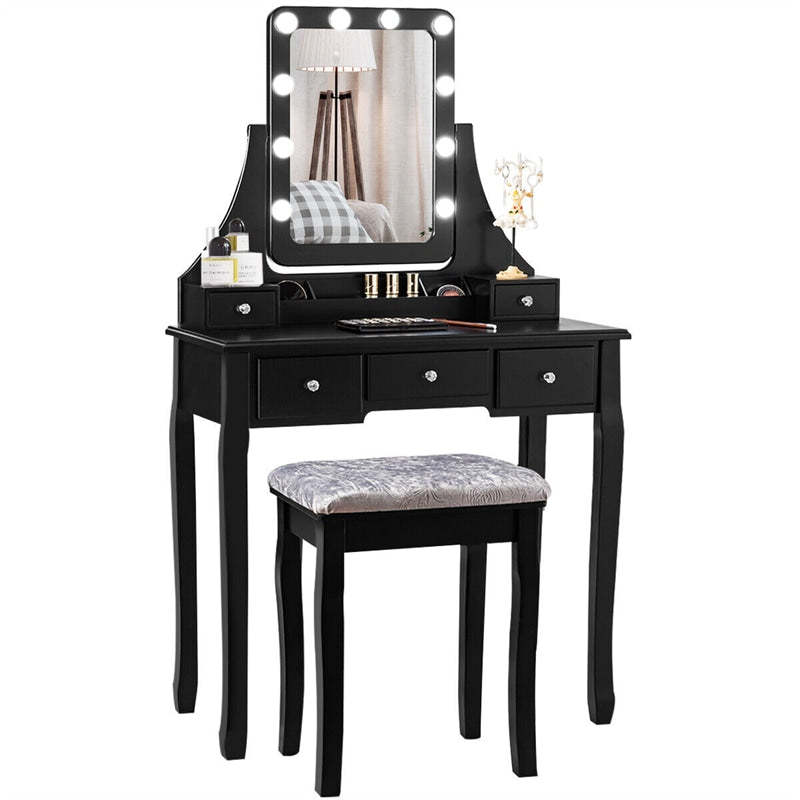 Makeup Vanity Set With Lighted Mirror & Cushioned Stool, Bedroom Dressing Table with 10 Dimming Light Bulbs & 5 Storage Drawers