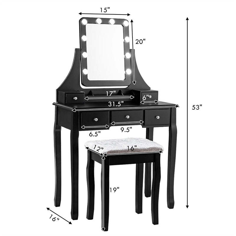 Makeup Vanity Set With Lighted Mirror & Cushioned Stool, Bedroom Dressing Table with 10 Dimming Light Bulbs & 5 Storage Drawers